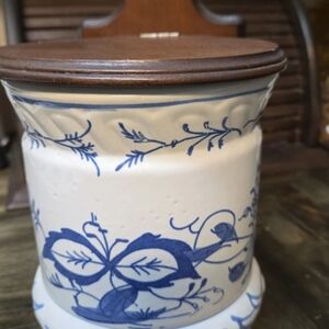 Ceramic Blue and White Kitchen Canister with Wooden Lid